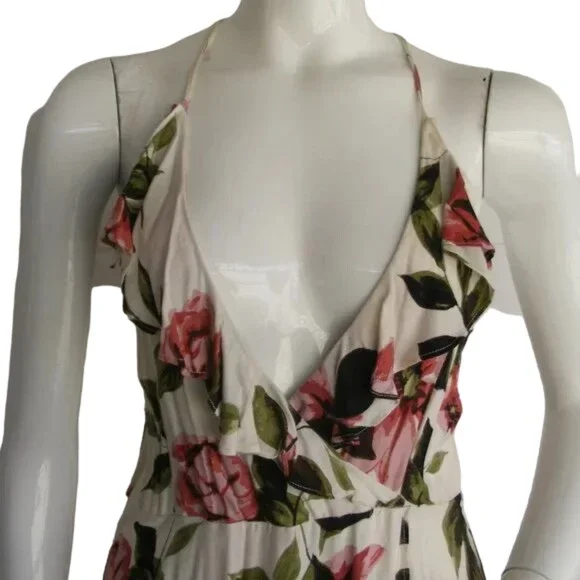 new OLIVACEOUS Mini Dress, L, White Floral, Ruffle, Surplice, Lace-up Back - Picture 2 of 14